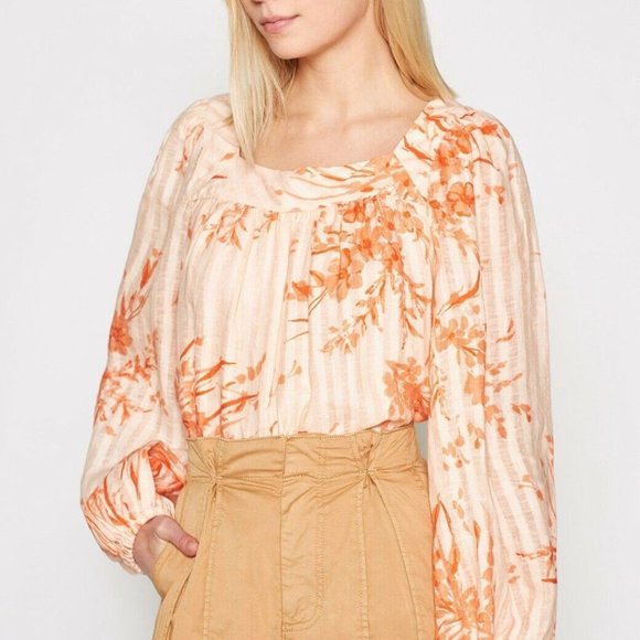JOIE Cadby LINEN BLOUSE S Floral Island Sunset Square Neck Balloon Sleeves $228 - Picture 3 of 10